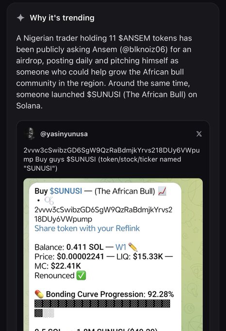 The image displays a social media post explaining a trending crypto narrative where a Nigerian trader with 11 $ANSEM tokens publicly requested an airdrop from Ansem (@blknoiz06), prompting the community to launch $SUNUSI ("The African Bull") on Solana as a retort. The embedded screenshot shows a Pump.fun token page for $SUNUSI with a contract address, balance of 0.411 SOL, market cap of $22.41K, and 92.28% bonding curve progression. The caption ties directly to the post's message of rewarding African crypto community members ("bag workers") after being denied the airdrop.