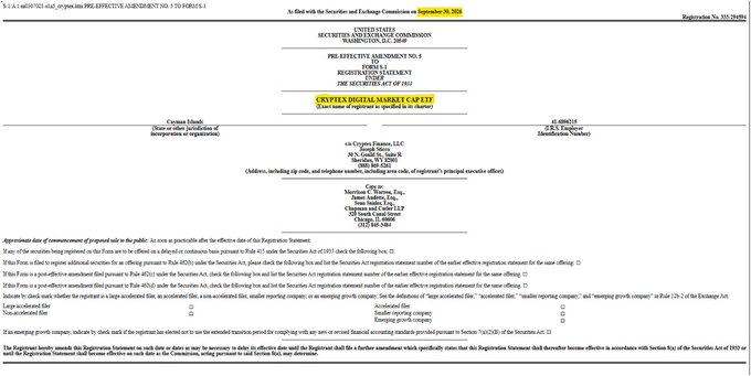 SEC Form S-1/A filing for the Cryptex Digital Market Cap ETF (Registration No. 333-284984) under U.S. Securities and Exchange Commission, submitted September 30, 2024 by Cryptex Funds, LLC, indicating regulatory progress toward listing an XRP-inclusive crypto index ETF.