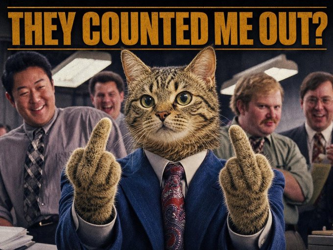 A tabby cat's head is photoshopped onto a businessman in a suit flipping double middle fingers, with co-workers laughing behind him, under the bold text "THEY COUNTED ME OUT?" The defiant meme mirrors the post's message about $CATE (Catcoin) bouncing back from being dismissed, framing its rally as a vindicating comeback against skeptics.