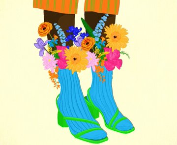 An illustration of legs wearing bright blue and green sandals, with a colorful bouquet of flowers—including yellow gerberas, orange roses, and pink blooms—spilling out from the top of the boots.