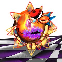 A vibrant 3D rendering of a spiked, metallic ball character with large eyes and a glowing purple mouth, set against a checkered black and white floor.