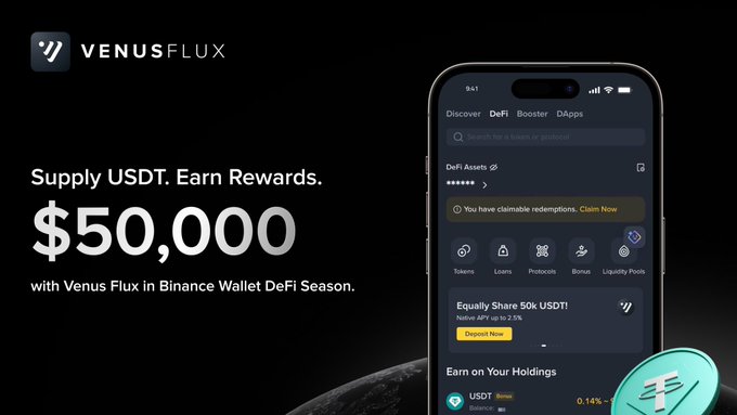 The image shows a phone screen displaying an app for Venus Flux, which suggests that someone has used their Venus account or wallet to purchase USDT (United States Dollar tokens) using the app. The phone appears to be a newer model, featuring a larger screen and more modern design compared to older models with smaller screens. In addition, there is a coin on the screen near the user's payment method selection. The text in the post provides information about this Venus account or wallet transaction, possibly suggesting that the person has used it for trading USDT tokens as part of a rewards program, or they've earned some other benefit from using their Venus account or wallet at this particular exchange.