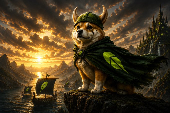 Artwork of the FLOKI Shiba Inu mascot wearing a green Viking cape and horned helmet, standing on a cliff overlooking a Viking fleet sailing toward a castle at sunset.