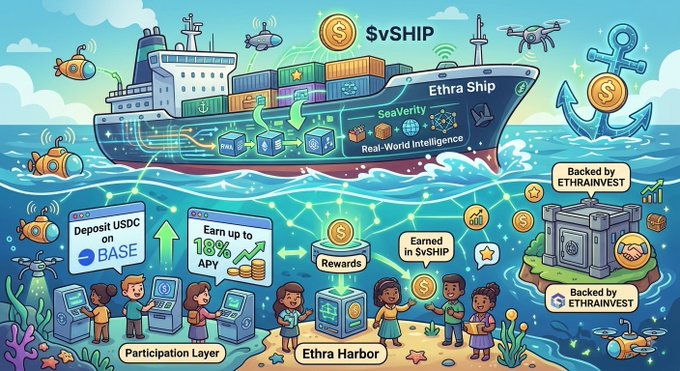 A cartoon infographic illustrates the "$vSHIP" and "EThra Ship" ecosystem, featuring a large ship loaded with cargo, alongside text bubbles highlighting "Deposit USDC on BASE," "Earn up to 18% APY," "Rewards," "Earned in $vSHIP," "EThra Harbor," and "Backed by ETHRAINVEST."