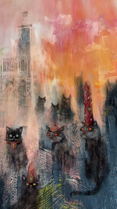 A dark, surreal painting depicts a group of black cats with glowing eyes, some wearing decorative red collars or perched on a tall, ornate pillar, set against a moody backdrop of a faded city tower and an expressive sky of orange and gray hues—fitting the artistic NFT collection celebrating the OBJKT sale.