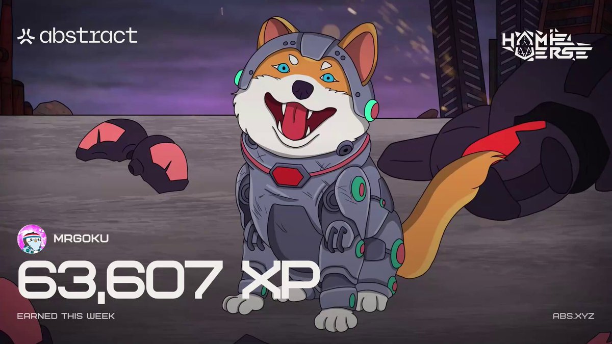 The image features a cartoon dog wearing a suit with green and red accents that looks like armor. The dog appears to be smiling and has a happy expression, giving off an impression of excitement or joy. In the background, there are two people standing next to each other, one holding a red object while the other is holding a black object. There's also a pink object in the scene.

The image includes text that reads "HAPPY XP DAY Wrapped up week 69 with +63,607 XP Didn't think the grind would go this crazy, but we move Huge shoutout to @AbstractChain Still locked in and farming nonstop". This suggests that the post is related to a gaming event or competition where the dog's suit-wearing abilities are being celebrated.