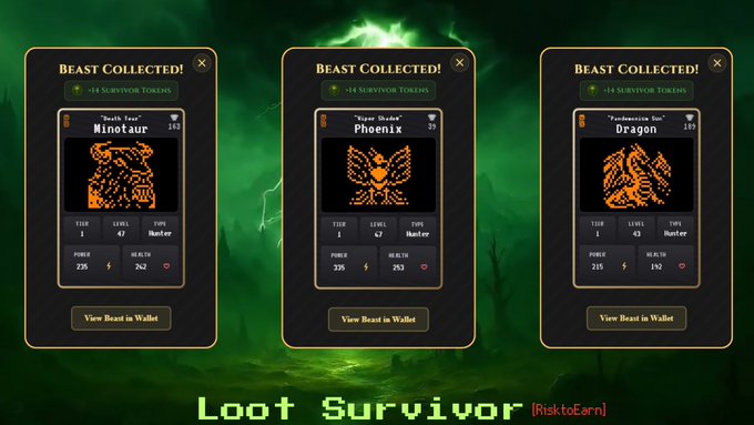 The image shows three cards from a card game called "Loot Survivor", which features different monsters that players collect throughout their adventures. The cards display the monster names, their respective statistics (such as health and strength), and other valuable information like item rarity and worth. One of the cards is labeled with the words "BEST COLLECTED" while another says "WORLD CANDLE". In addition to these cards, there's a post on the website which provides instructions for players about how to complete specific challenges in the game or how to trade items between players during a match. The image also contains some text that references terms like "BEST COLLECTED", "WORLD CANDLE", and "Loot Survivor".