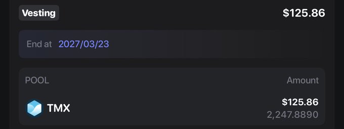 A screenshot showing a Vesting interface with an end date of 2027/03/23 and a pool amount of $125.86 (2,247.8890 TMX tokens).