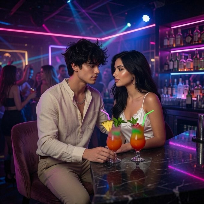 A stylized image of a young couple sitting close together at a dimly lit, neon-accented nightclub bar, gazing at each other with colorful tropical cocktails in front of them.