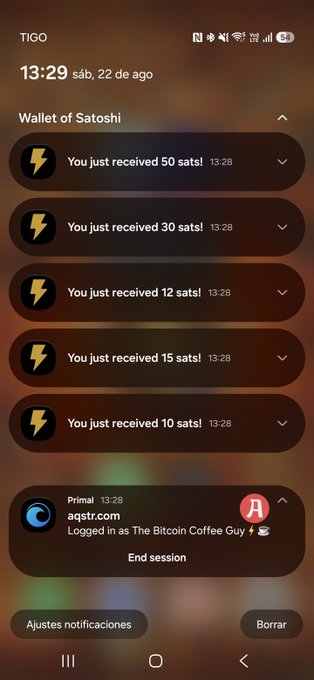 A smartphone notification screen showing multiple 'Wallet of Satoshi' alerts indicating received sats (50, 30, 12, 15, and 10), along with a Primal notification for 'aqstr.com' logged in as 'The Bitcoin Coffee Guy'.