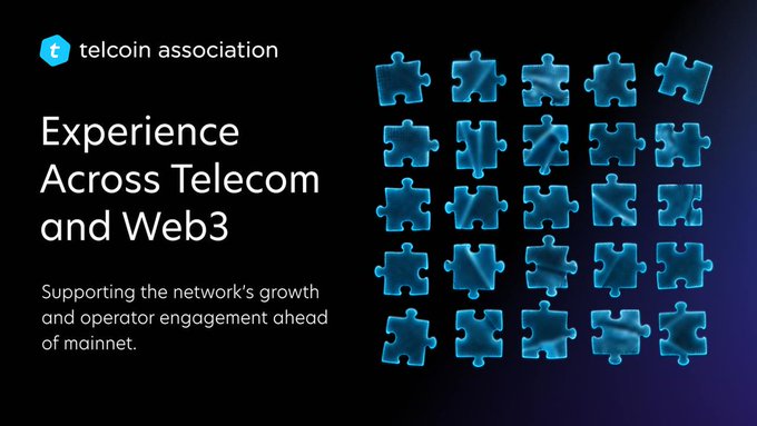 A promotional graphic for Telcoin Association featuring their logo, the headline "Experience Across Telecom and Web3," and a tagline about supporting network growth and operator engagement ahead of mainnet, accompanied by a grid of blue puzzle pieces symbolizing integration between the two industries.