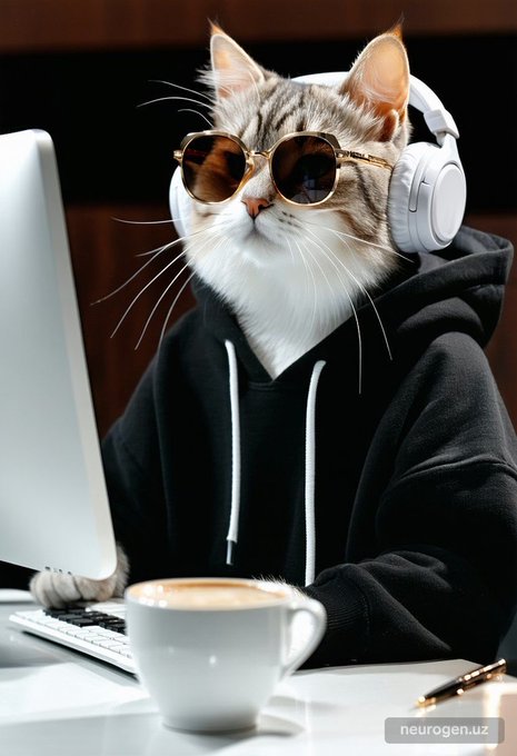 An AI-generated image shows a tabby cat wearing sunglasses, white headphones, and a black hoodie, sitting at a computer keyboard next to a cup of coffee, with the watermark 'neurogen.uz' in the corner.