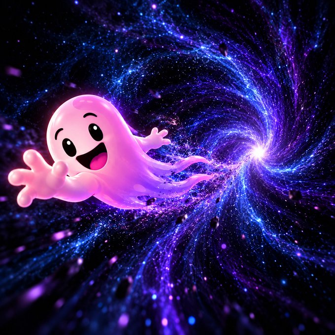 A cheerful, glowing pink ghost with outstretched arms soars through a vibrant purple and blue starfield vortex, embodying the cross-chain, interdimensional spirit of AstralBeam's "move value across worlds" concept.