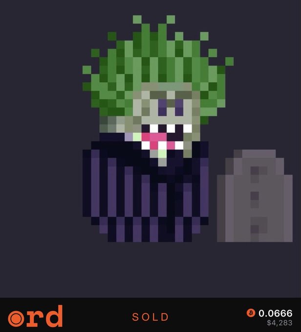A pixel art character resembling the green-haired, pale-faced Beetlejuice with a purple striped suit stands next to a gray gravestone, displayed on an ORD NFT marketplace listing marked "SOLD" for 0.0666 ETH ($4,283).