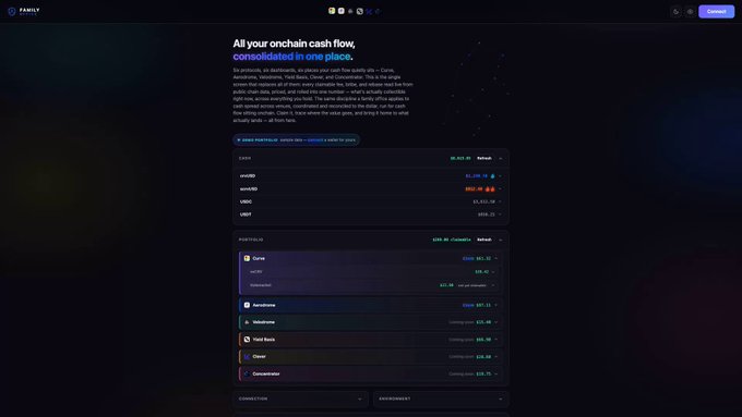 A dark-themed dashboard for a 'FAMILY' platform showing 'All your onchain cash flow, consolidated in one place' with portfolio breakdowns for tokens including Curve, Aerodrome, Velodrome, and Yield Bank.