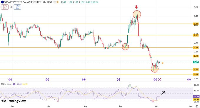 A TradingView stock chart showing "SASA POLYESTER SANAYI FUTURES" (SASA) on BIST at 1.97, displaying a 4-hour candlestick pattern from June to November with red circles highlighting key price points and support/resistance levels.
