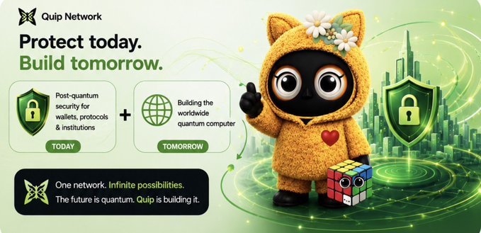 The image features a cartoon character, possibly a black cat or a small dog dressed in an animal suit, standing in front of text that says "Quip network today" on it with the message "Protect today, Build tomorrow". The text also mentions building computers and has a reference to "the future is a computer". The background of the image is green, which complements the cartoon character's attire.