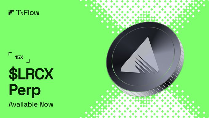 The image displays a promotional poster featuring a silver coin with an upward-pointing triangle, labeled as $LRCX, and set against a vibrant green background. The text overlay below announces that this coin can be purchased for up to 15x leverage on the trading platform,TxFlow, by users of the coin's community, app.txflow.com/trade/LRCX-USDC, which implies an opportunity to acquire valuable resources or tokens through trading the coin.