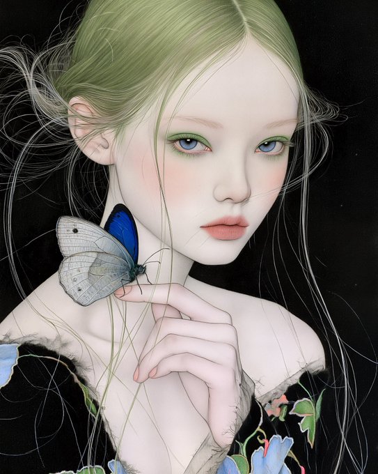 A detailed digital illustration of a pale girl with light green hair, green eyes, and rosy cheeks, holding a blue butterfly near her face against a black background with delicate floral elements.