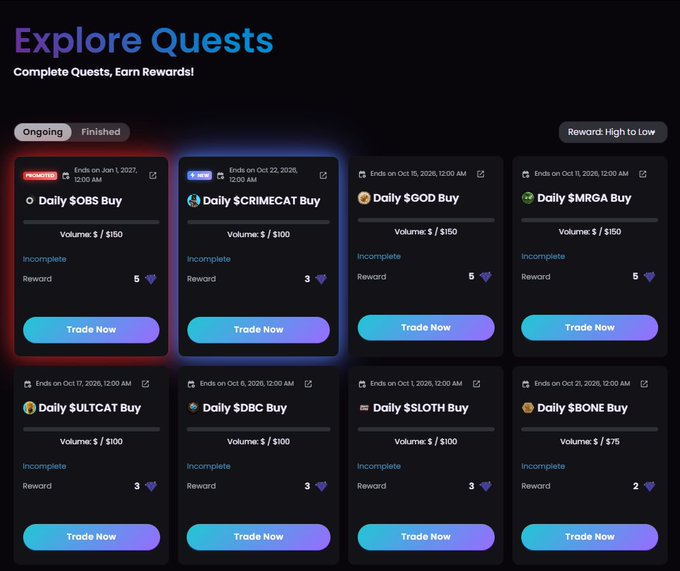 An 'Explore Quests' interface showing crypto trading challenges like Daily $OBS Buy, Daily $CRIMECAT Buy, and Daily $GOD Buy with volume requirements and 'Trade Now' buttons.