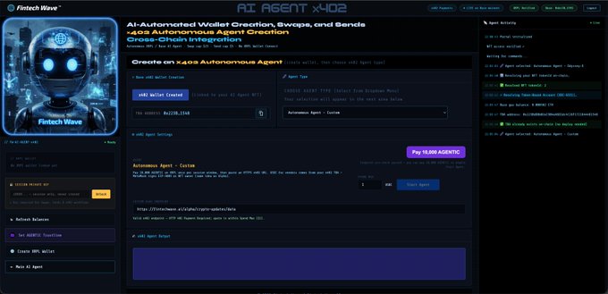 A screenshot of an AI platform interface titled 'AI AGENT X-02' with the heading 'AI-Automated Wallet Creation, Swaps, and Sends', featuring an AI robot avatar labeled 'Fintech Wave'.