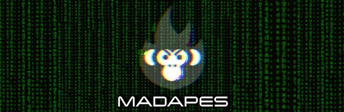 A pixelated "Matrix"-style banner features the MADAPES logo—a flame-headed monkey face—set against a backdrop of falling green code, with the white text "MADAPES" displayed below. The graphic serves as a header for a post highlighting MADAPES' impressive 24-hour trading performance, listing top-gaining tokens like $HMM (152x), $MOG (20x), and $MOG (10x), among others.