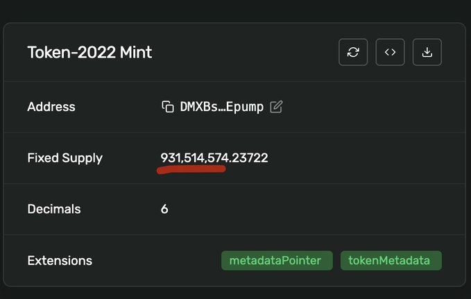 A screenshot of a token information page showing 'Token-2022 Mint' with address 'DMXBs...Epump', a fixed supply of '931,514,574.23722' (underlined in red), 6 decimals, and 'metadataPointer' and 'tokenMetadata' extensions.
