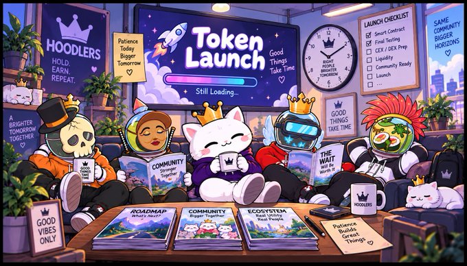 A group of crowned cartoon characters (skull, astronaut, cat, robot, and watermelon) lounge on a couch watching a "Token Launch" loading screen, surrounded by Hoodlers-themed signage like "GOOD THINGS TAKE TIME," "PATIENCE," and a "LAUNCH CHECKLIST" featuring Smart Contract, Final Testing, CEX/DEX Prep, Liquidity, Community Ready, and Launch. The image humorously visualizes the post's vibe of patiently waiting for an upcoming NFT token/staking/airdrop launch.