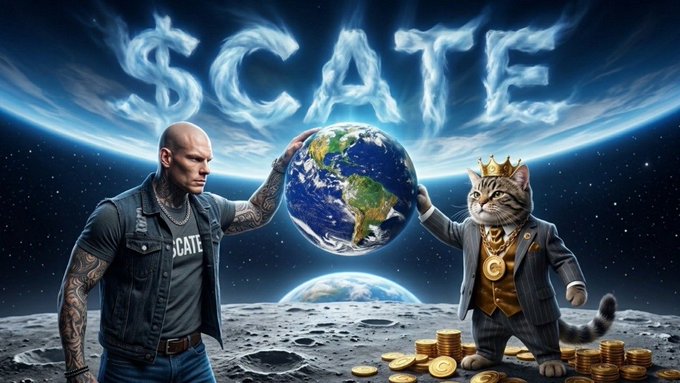 A tattooed man and a suit-wearing cat king wearing a crown and gold chains stand on the moon holding Earth together, with "$CATE" spelled in ice/smoke letters above them and piles of gold coins scattered on the lunar surface.

The imagery reinforces the post's "to the moon" rallying cry for $CATE, using the cat-in-a-suit mascot and lunar setting as crypto hype visuals to signal ambition despite the old account being locked.