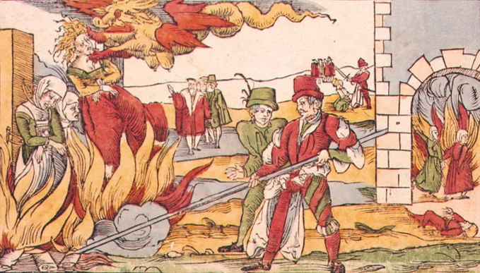A historical woodcut-style illustration showing figures in medieval clothing, with a dragon in the sky, people burning in fires, and individuals using long poles.