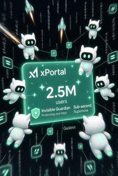 The image features a poster for X portal, which has a group of white robots with green eyes scattered across the poster. The poster also includes text that reads "2.5M users", indicating the number of users who have signed up for the service. Additionally, there is a small sign below the robots that says "Infrastructure Nfts Art and collectable $TIME @BoredApeXClub @RektNerdsNFT Ownership matters @xPortalApp #Selfcustody". The poster seems to be promoting X portal as an innovative platform for users, with a focus on protecting their data.