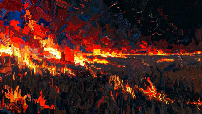 An abstract, heavily processed digital artwork featuring chaotic red, orange, and dark blue brushstroke-like patterns resembling fire or lava textures.