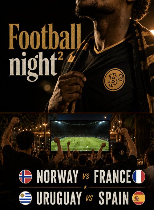 A football fan wearing a Bitcoin-branded scarf stands against a stadium backdrop, with the image promoting a "Football night²" featuring matchups of Norway vs France and Uruguay vs Spain, inviting viewers to drop their score predictions for a chance at lucky rewards.