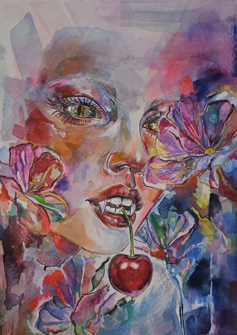 A vibrant watercolor-style portrait of a woman with striking eyes biting into a cherry, surrounded by colorful flowers, complements the uplifting "Good Evening & Good Morning" message and "Quote of the Day" theme shared from xrp.cafe NFT 000861A806.