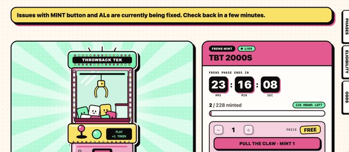 A graphic for an NFT mint featuring a pixel art claw machine labeled 'THROWBACK TEK', with a countdown timer of 23:16:08, '2 / 228 minted', and a 'PULL THE CLAW - MINT 1' button below a banner reading 'Issues with MINT button and ALs are currently being fixed. Check back in a few minutes.'