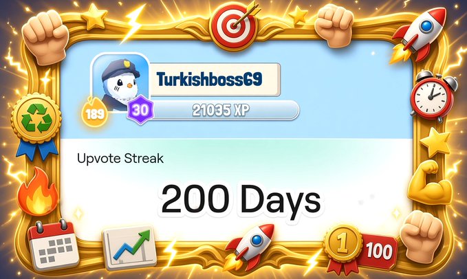 Screenshot showing a user profile 'Turkishboss69' with 21035 XP celebrating an 'Upvote Streak' of '200 Days'.