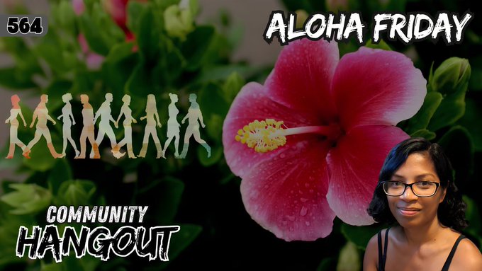 A promotional graphic featuring a pink hibiscus flower, a silhouette of people walking, and a young woman with glasses, with text reading '564', 'ALOHA FRIDAY', and 'COMMUNITY HANGOUT'.