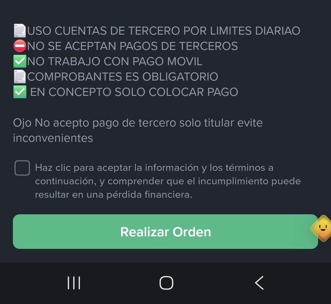 A mobile app screen in Spanish displaying payment terms with checkmarks and prohibitions, including 'NO SE ACEPTAN PAGOS DE TERCEROS' and a 'Realizar Orden' button.