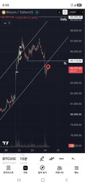 A cryptocurrency trading chart on TradingView showing Bitcoin (BTCUSDT) on a daily timeframe with price levels around $83,000-$87,000, with Korean interface text at the bottom.