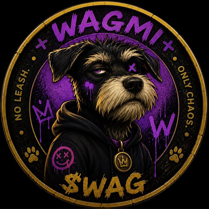 A circular gold-framed emblem featuring a snarling dog with a purple 'X' eye, surrounded by graffiti-style tags reading 'WAGMI', 'NO LEASH.', 'ONLY CHAOS.', and '$WAG'.