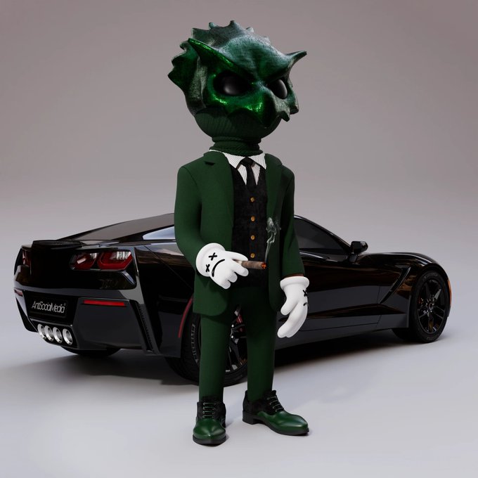 A 3D-rendered character with a glossy green reptilian head, wearing a sharp dark green suit and white gloves, standing in front of a black sports car with the license plate 'ArecoolMe6'.
