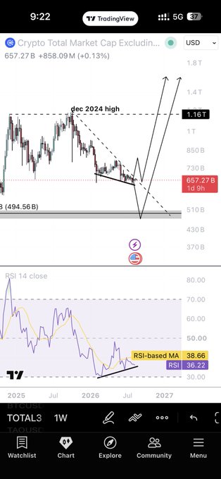 A TradingView chart displays the Crypto Total Market Cap (excluding BTC/ETH) at $657.27B with a +0.13% change, annotated to show a potential double-top formation near the Dec 2024 high of $1.16T, alongside an RSI indicator reading 38.22 near its based moving average of 38.66. This visualizes the post's claim that the author accurately predicted the altcoin double-top scenario near the December 2024 peak in October 2025.