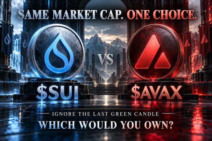 A dramatic crypto comparison graphic showing '$SUI' versus '$AVAX' with the text 'SAME MARKET CAP. ONE CHOICE.', 'IGNORE THE LAST GREEN CANDLE', and 'WHICH WOULD YOU OWN?'