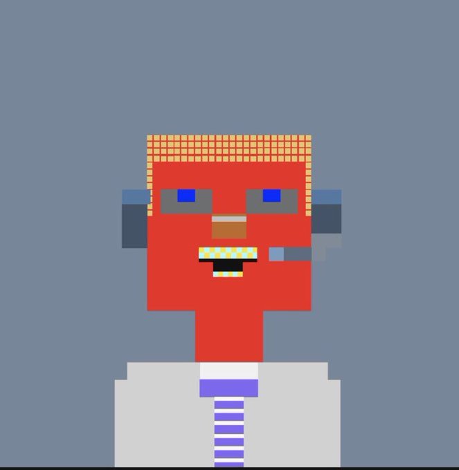 A pixel art illustration of a red character with a yellow and red checkered hat, blue eyes, and a white shirt with a purple-striped tie against a gray background.