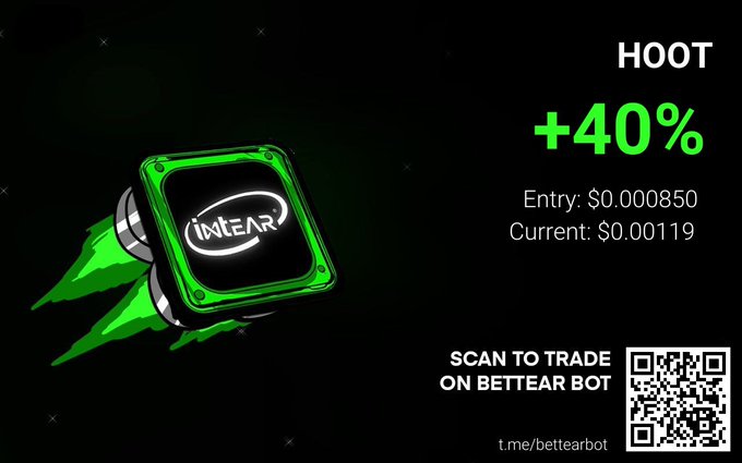 A promotional graphic for a crypto token called 'HOOT' showing a +40% gain, entry price $0.000850, current price $0.00119, featuring the iMEAR logo, a QR code, and 'SCAN TO TRADE ON BETTEAR BOT' text.