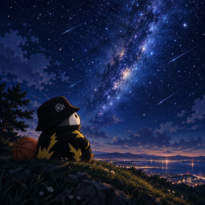 An anime-style illustration of a character wearing a black cap with a disco ball logo, sitting on a hillside with a basketball, gazing at a spectacular starry night sky with the Milky Way and shooting stars over a distant city and water.