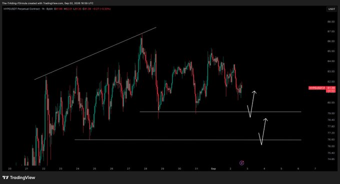 A TradingView 1-hour chart of the HYPE/USDT perpetual contract shows a wedge/triangle pattern with the current price at $81.30, down 1.03%, while white arrows indicate a possible further dip toward the $79.40 and $76.60 horizontal support levels before a potential long entry.