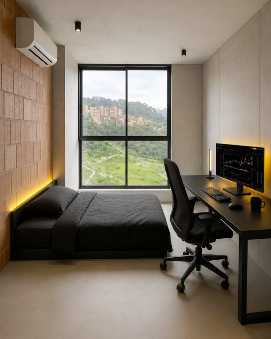 A modern, minimalist bedroom featuring a black platform bed and a sleek desk setup with a monitor displaying financial charts, all framed by a large window offering a scenic view of lush green hills. The room's clean lines, warm wood accents, and tech-ready workspace embody the post's "good example" of contemporary, functional design.