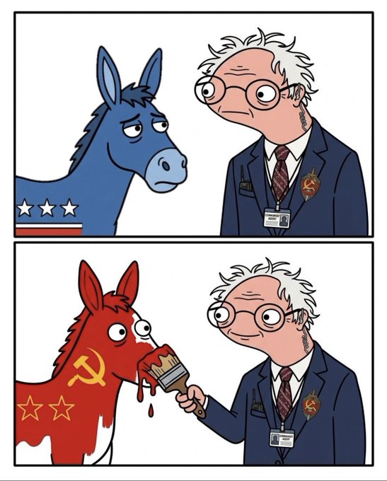 The user wants a concise caption for the provided image.

**1. Analyze the image:**
*   **Format:** It's a two-panel comic strip.
*   **Characters:**
    *   A blue donkey (symbol of the Democratic Party in the US).
    *   An older man with wild white hair, glasses, and a suit. He has a tattoo on his neck. He is wearing a badge that says "Communist Party" (or similar, looks like a hammer and sickle symbol). He also has a radio on his shoulder.
*   **Panel 1:** The blue donkey looks sad/tired. The man looks at it with a neutral/slightly concerned expression.
*   **Panel 2:** The donkey is now red (symbol of the Republican Party, but painted red). It has a hammer and sickle symbol on its side and stars on its flank (reminiscent of the Soviet flag). The man is painting the donkey