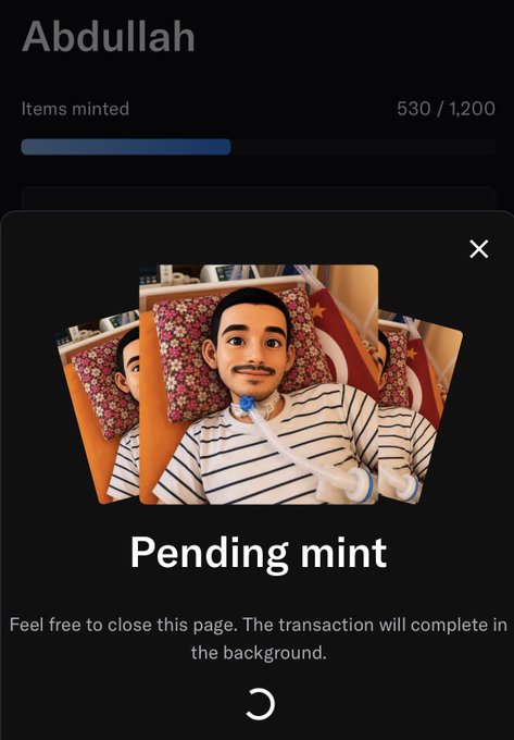 A mobile screen showing a "Pending mint" transaction on a profile named "Abdullah," with an illustration of a man with a mustache and a striped shirt.